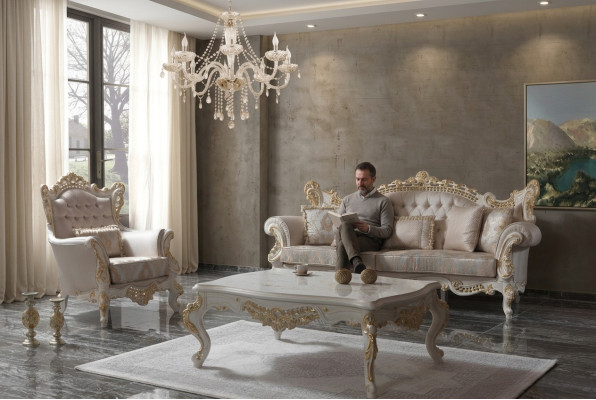 Ensemble de canapés de luxe complet avec canapé en tissu beige assorti.