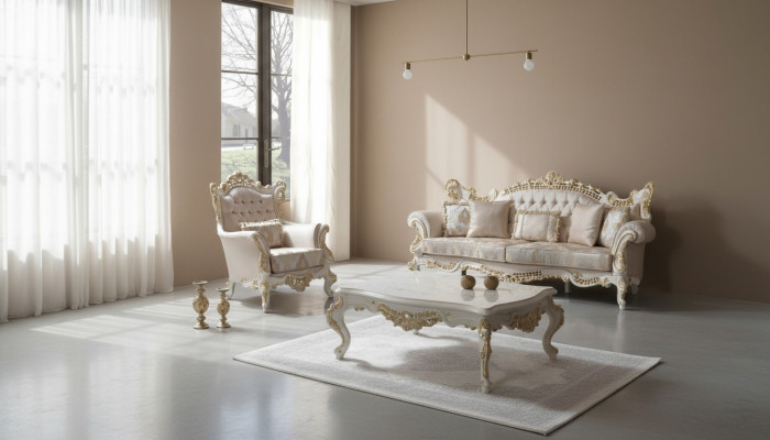 Ensemble de canapés de luxe complet avec canapé en tissu beige assorti.