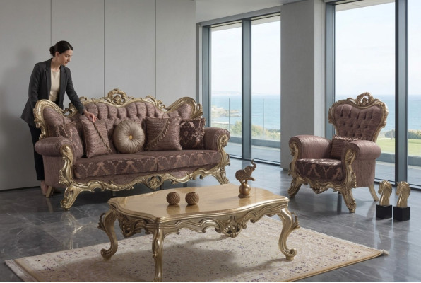 Set de canapé canapé rembourré canapé violet en tissu Chesterfield ensemble 3+1