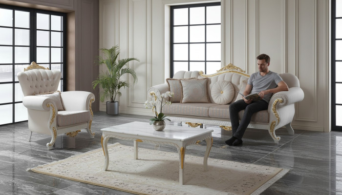 Suite canapé Canapé rembourré Canapé Chesterfield Ensemble de canapés en tissu Canapé beige Sofas