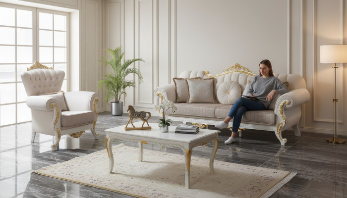 Ensemble de canapé de luxe complet, ensemble de canapé en tissu beige canapé rembourré sof.