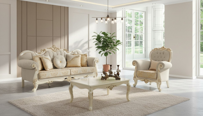Canapé canapé canapé en tissu beige Chesterfield ensemble de canapés