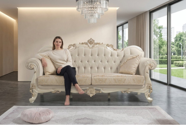 Canapé trois places, Canapé en tissu 3 places, Canapé rembourré en tissu, Chesterfield en tissu beige