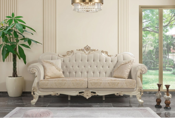 Canapé trois places, Canapé en tissu 3 places, Canapé rembourré en tissu, Chesterfield en tissu beige