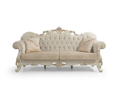 Canapé trois places, Canapé en tissu 3 places, Canapé rembourré en tissu, Chesterfield en tissu beige