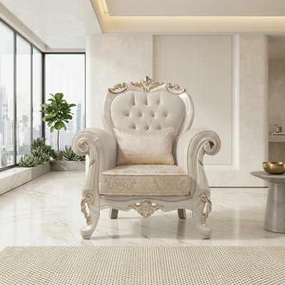 Siège Une place Fauteuil à ailes Siège Tissu Beige Polyester Bois Baroque
