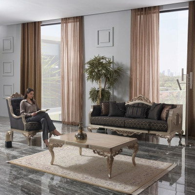 Salle de séjour Ensemble de canapé Canapé rembourré Canapé Chesterfield Ensemble Gris en tissu
