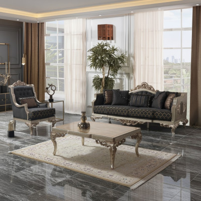 Salle de séjour Ensemble de canapé Canapé rembourré Canapé Chesterfield Ensemble Gris en tissu