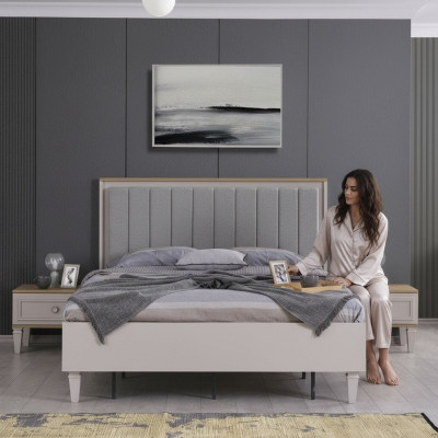 Suite lit double Chambre lit Tables de chevet Gris Bois Ensemble 3 pièces