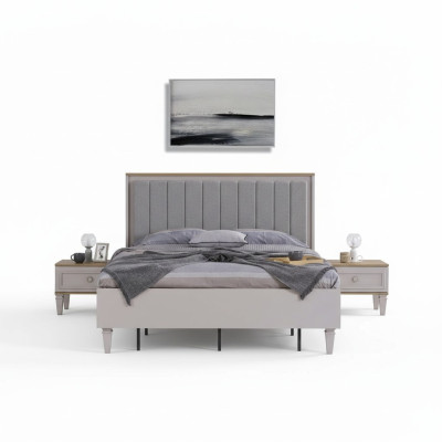 Suite lit double Chambre lit Tables de chevet Gris Bois Ensemble 3 pièces