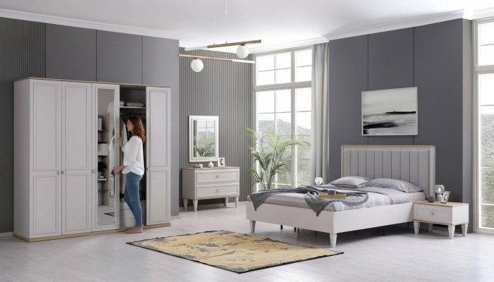 Meubles de chambre à coucher complets Lits modernes en bois 6 pièces Chambre gris