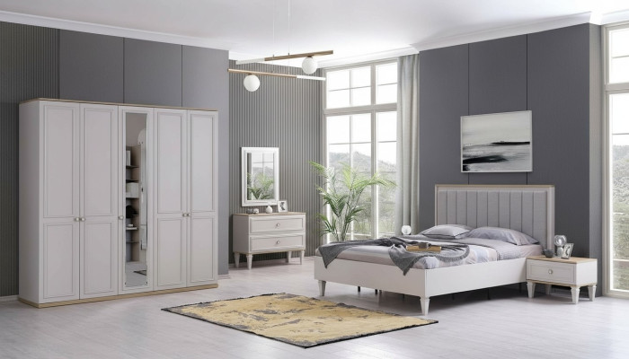 Meubles de chambre à coucher complets Lits modernes en bois 6 pièces Chambre gris