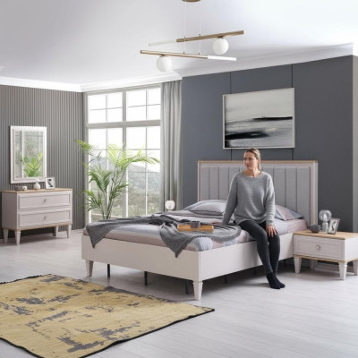 Ensemble de chambre à coucher moderne Lit double Lit Tables de chevet Gris Bois Set 5 pièces