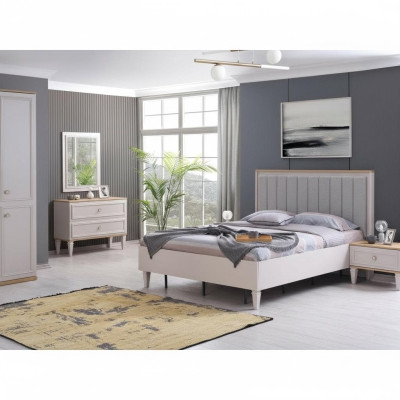 Ensemble de chambre à coucher moderne Lit double Lit Tables de chevet Gris Bois Set 5 pièces