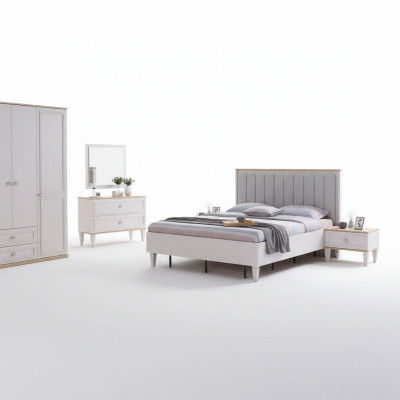 Ensemble de chambre à coucher moderne Lit double Lit Tables de chevet Gris Bois Set 5 pièces