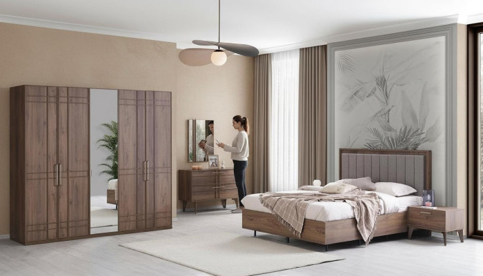 Mobilier de chambre complète Lit double Bois 6 pièces Chambre Marron