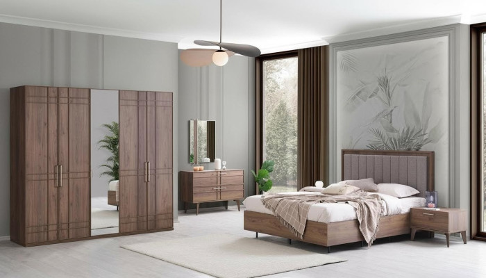 Mobilier de chambre complète Lit double Bois 6 pièces Chambre Marron