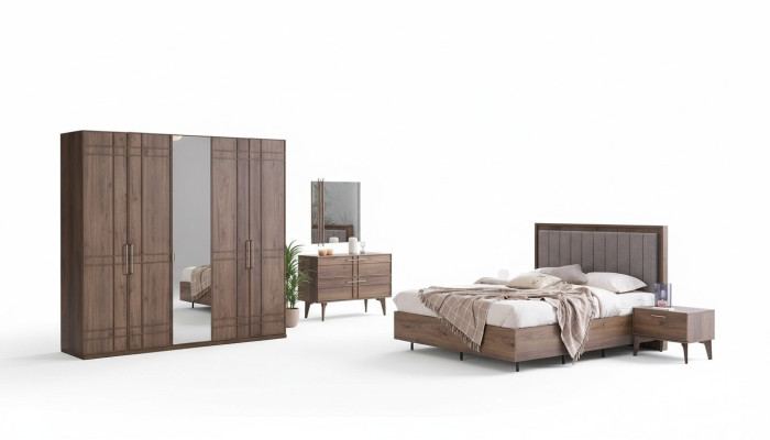 Mobilier de chambre complète Lit double Bois 6 pièces Chambre Marron