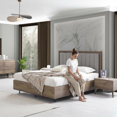 Chambre à coucher Suite Lit double Lit Tables de chevet Marron Bois Ensemble 3 pièces