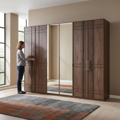 Armoire Chambre Cabinet Armoire Marron Bois Miroir 6 Portes