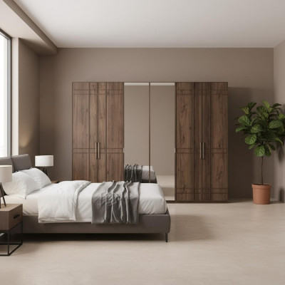 Armoire Chambre Cabinet Armoire Marron Bois Miroir 6 Portes