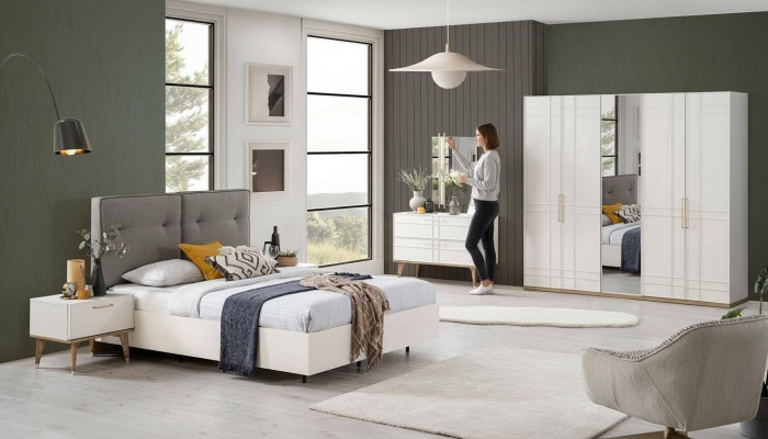 Groupe Lit double Complet et Mobilier de chambre à coucher Ensemble 6 pièces en bois Blanc