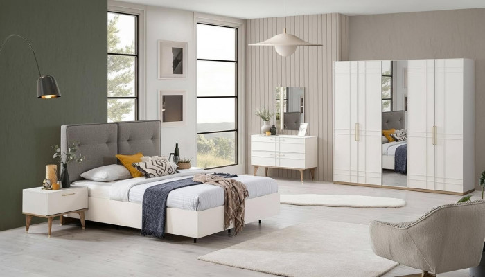 Groupe Lit double Complet et Mobilier de chambre à coucher Ensemble 6 pièces en bois Blanc