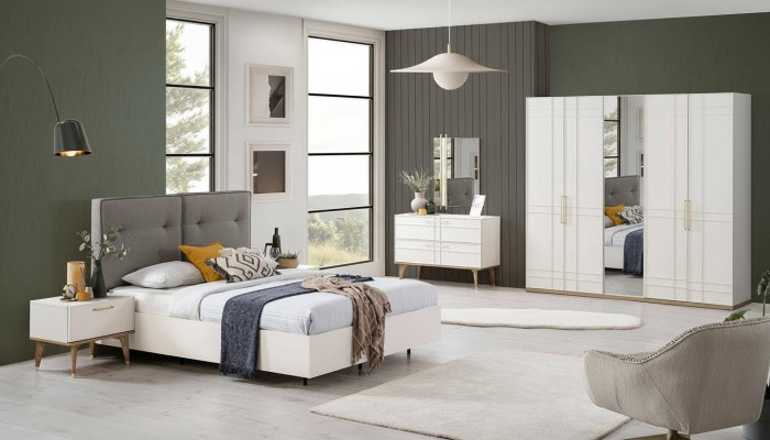 Groupe Lit double Complet et Mobilier de chambre à coucher Ensemble 6 pièces en bois Blanc
