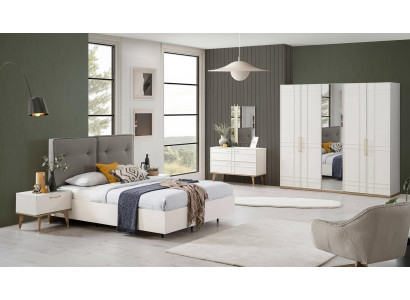 Groupe Lit double Complet et Mobilier de chambre à coucher Ensemble 6 pièces en bois Blanc