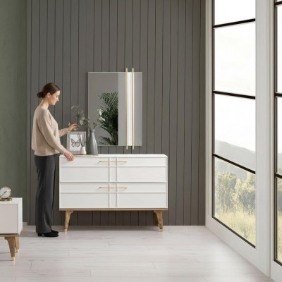 Commode avec miroir Console de chambre en bois Blanc Ensemble moderne de 2 pièces