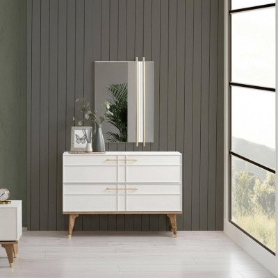 Commode avec miroir Console de chambre en bois Blanc Ensemble moderne de 2 pièces