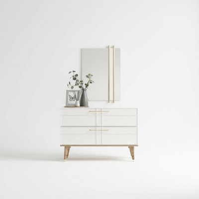 Commode avec miroir Console de chambre en bois Blanc Ensemble moderne de 2 pièces