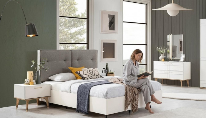 Chambre Suite Lit double Complet et Lit Tissu blanc 3 pièces Moderne