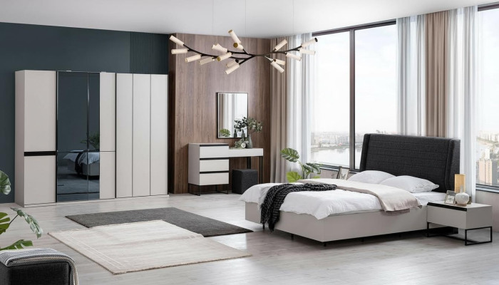 Suite de chambre Lit double Lit Tables de chevet Bois Ensemble 7 pièces Blanc