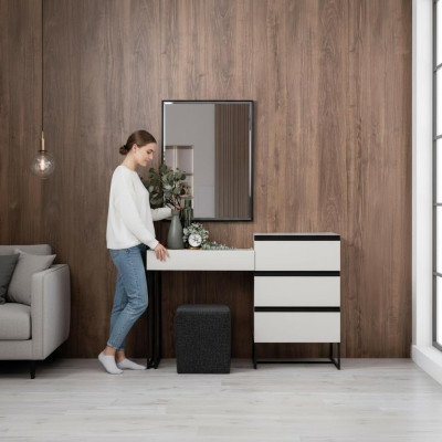 Coiffeuse, table de toilette, console, commode, ensemble miroir, 3 pièces, blanc.