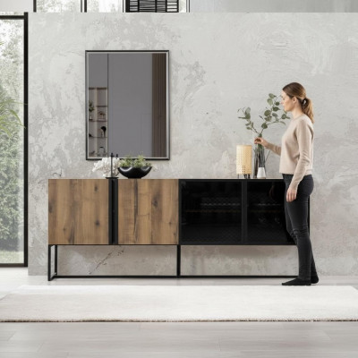 Buffet Buffet avec groupe miroir Commode Bois Brun Salle à manger