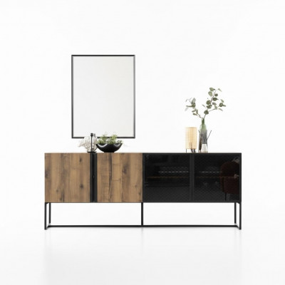 Buffet Buffet avec groupe miroir Commode Bois Brun Salle à manger
