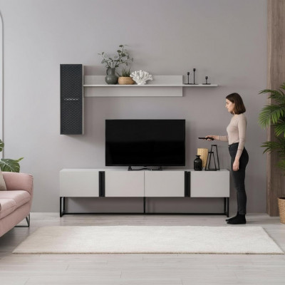 Suite TV Stand Garde-robe Meuble TV Buffet Bas Séjour Étagères Blanc Bois