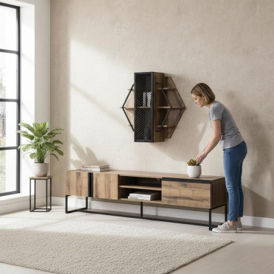Groupe support TV Armoire Meuble TV Buffet Basse Salon Étagères Brun Bois
