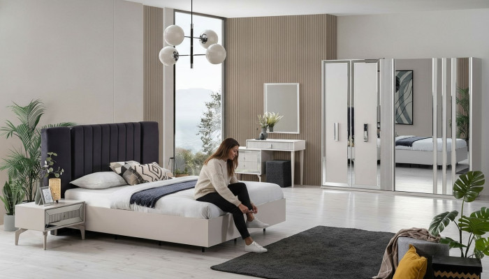 Grande suite de chambre à coucher Lit double Lit Bois Ensemble 7 pièces Blanc Moderne