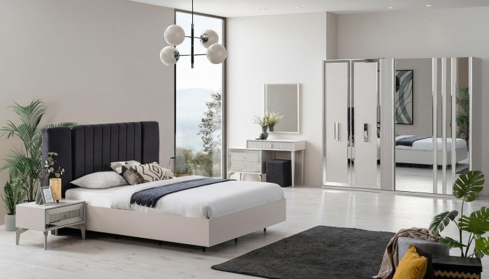 Grande suite de chambre à coucher Lit double Lit Bois Ensemble 7 pièces Blanc Moderne