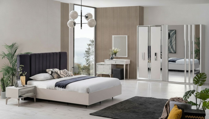 Grande suite de chambre à coucher Lit double Lit Bois Ensemble 7 pièces Blanc Moderne