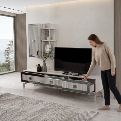 Lowboard Sideboard Stand de télévision Armoire Meuble TV Salon Armoire TV Bois Blanc Étagères