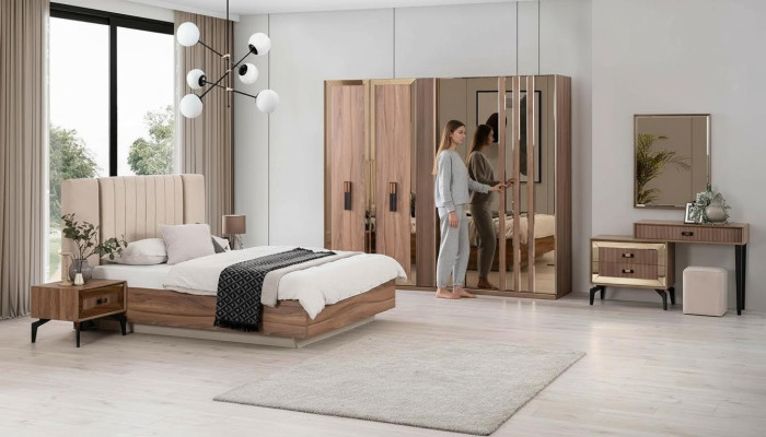 Luxe Ensemble de chambre à coucher avec lit double en bois de 7 pièces marron moderne