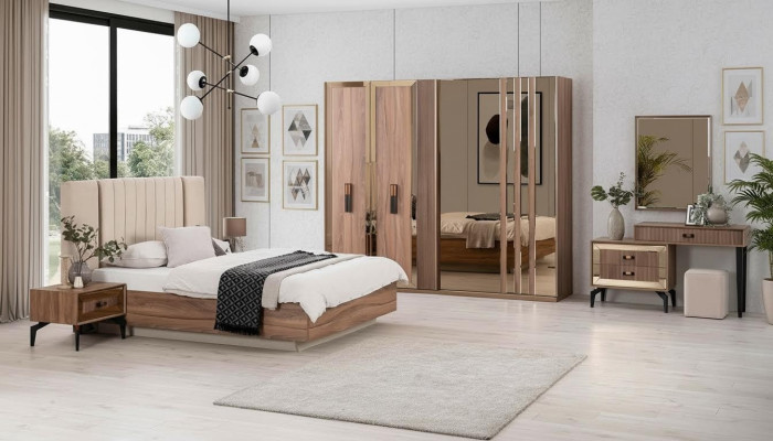 Luxe Ensemble de chambre à coucher avec lit double en bois de 7 pièces marron moderne