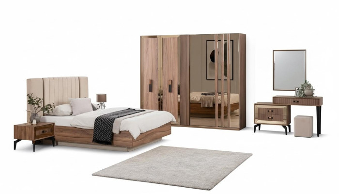 Luxe Ensemble de chambre à coucher avec lit double en bois de 7 pièces marron moderne