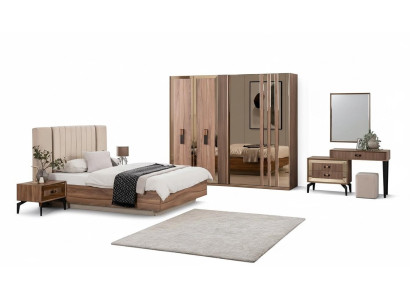 Luxe Ensemble de chambre à coucher avec lit double en bois de 7 pièces marron moderne