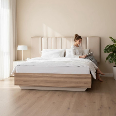 Cadre de lit Lit Lit double avec sommier Tissu beige Luxe Moderne