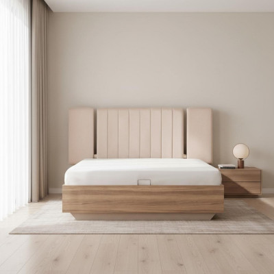 Cadre de lit Lit Lit double avec sommier Tissu beige Luxe Moderne