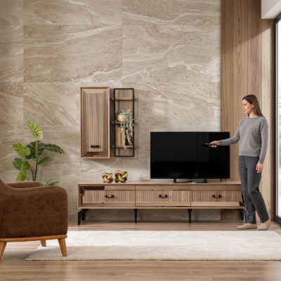 Meuble TV Armoire Armoire TV Meuble bas Salon Étagères Or Bois
